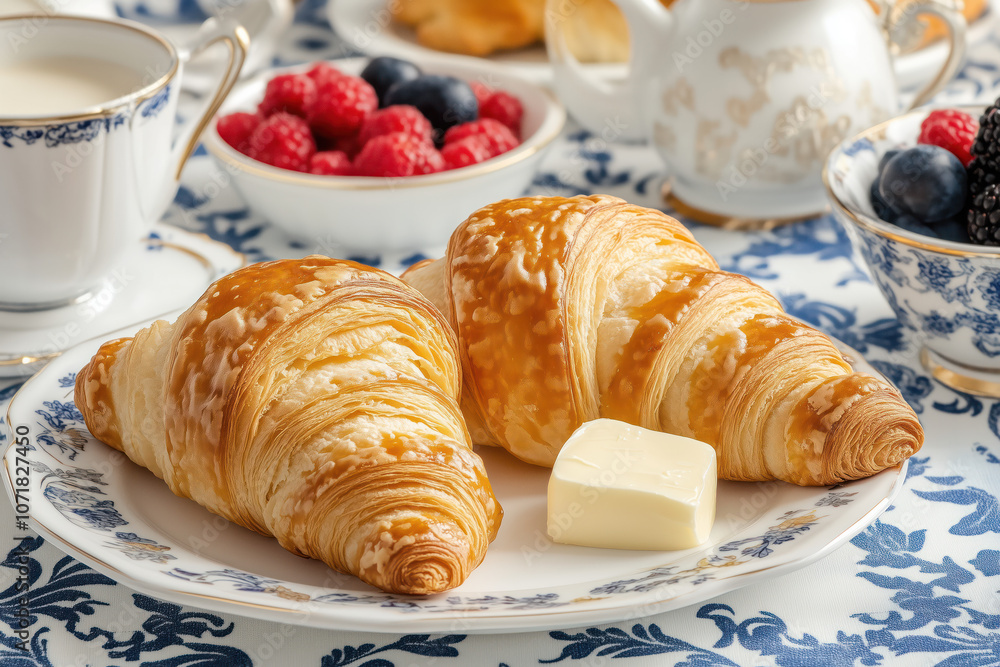 An elegant breakfast scene on a patterned blue and white tablecloth, featuring two golden, flaky croissants on a white plate. An elegant breakfast scene on a patterned blue and white tablecloth, featuring two golden, flaky croissants on a white plate.