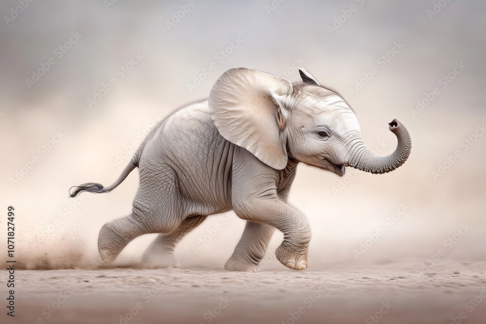 Obraz premium Baby elephant is running through the desert. The scene is filled with dust and the elephant is the main focus of the image