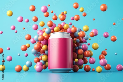 Can of soda is surrounded by a cloud of colorful balls. Concept of fun and excitement, as if the soda is being poured out and the balls are flying everywhere. The bright colors of the balls photo