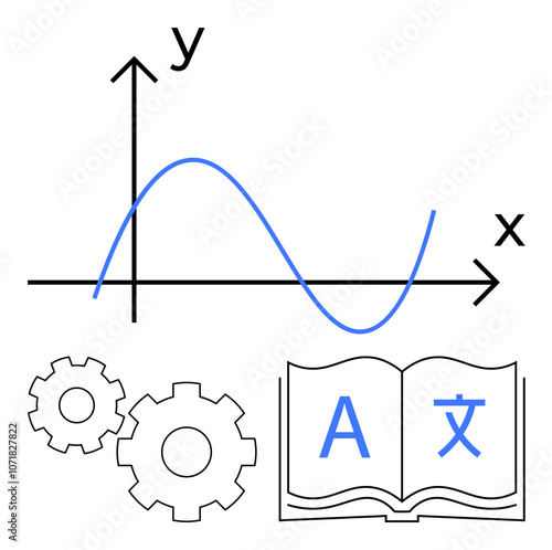Sine wave on a graph with x and y axes, two gears, and an open book displaying multilingual symbols. Ideal for education, language learning, engineering, data analysis, mathematics, technical