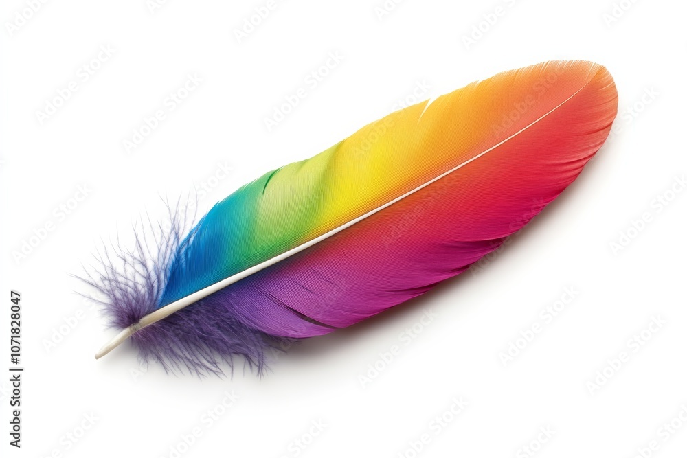 Colorful feather with a rainbow pattern. The feather is on a white background. The feather is vibrant and eye-catching, with its rainbow colors standing out against the white background Colorful feather with a rainbow pattern. The feather is on a white background. The feather is vibrant and eye-catching, with its rainbow colors standing out against the white background
