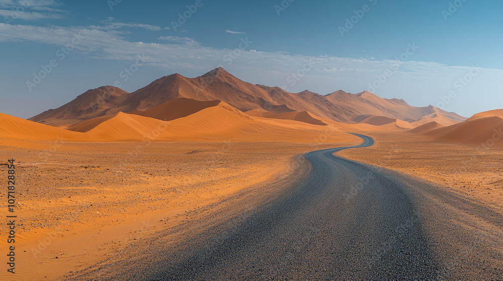 Naklejka premium A winding road through stunning orange desert dunes and mountains