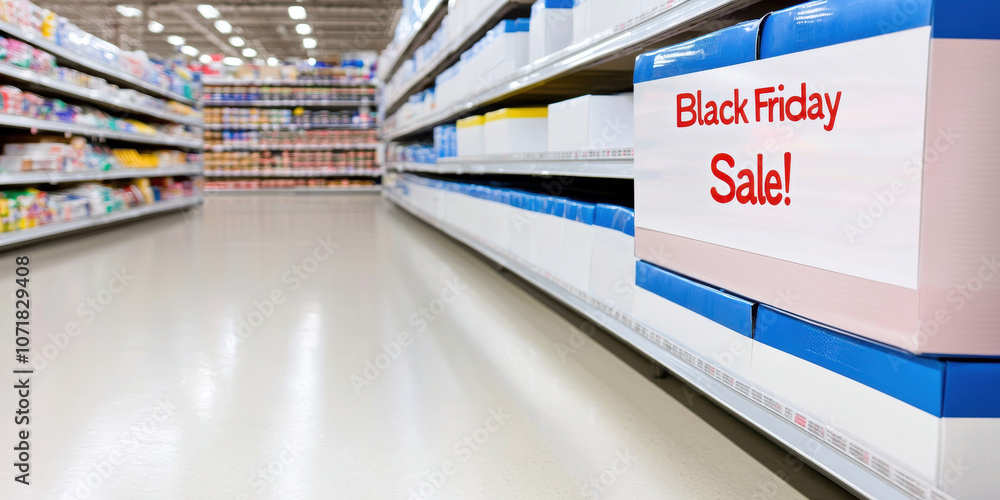 Fototapeta premium Black Friday sale sign in retail aisle, showcasing discounts and excitement