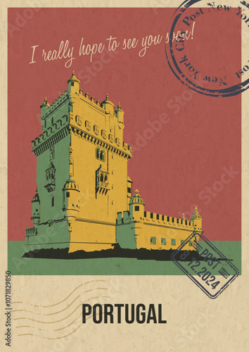 Portugal Attraction Postcard, Lisbon Belem Tower Illustration, Vector Template Retro Style Greeting Card with handwriting wish. Postal Imprint, Aged Paper Texture