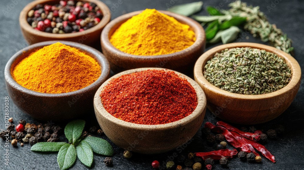 Colorful array of spices in wooden bowls on a dark background Colorful array of spices in wooden bowls on a dark background