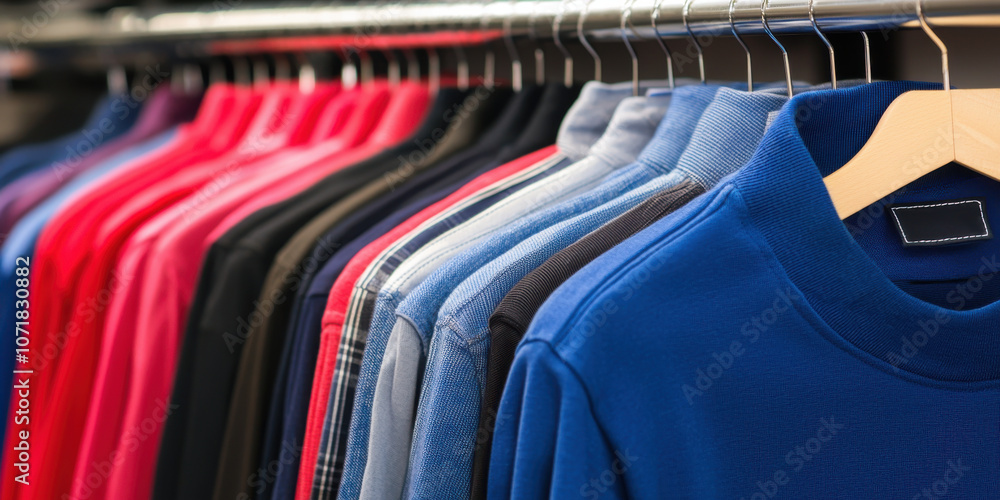 Stylish clothing display in various colors on hangers, perfect for shopping Stylish clothing display in various colors on hangers, perfect for shopping
