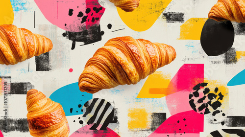 Playful collage of croissants with vibrant colors and abstract shapes creates fun visual impact