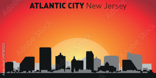 Atlantic city skyline with silhouettes of buildings against the backdrop of a large yellow sun and orange sky. Vector on the background of sunset