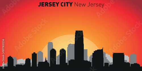 Jersey city skyline with silhouettes of buildings against the backdrop of a large yellow sun and orange sky. Vector on the background of sunset