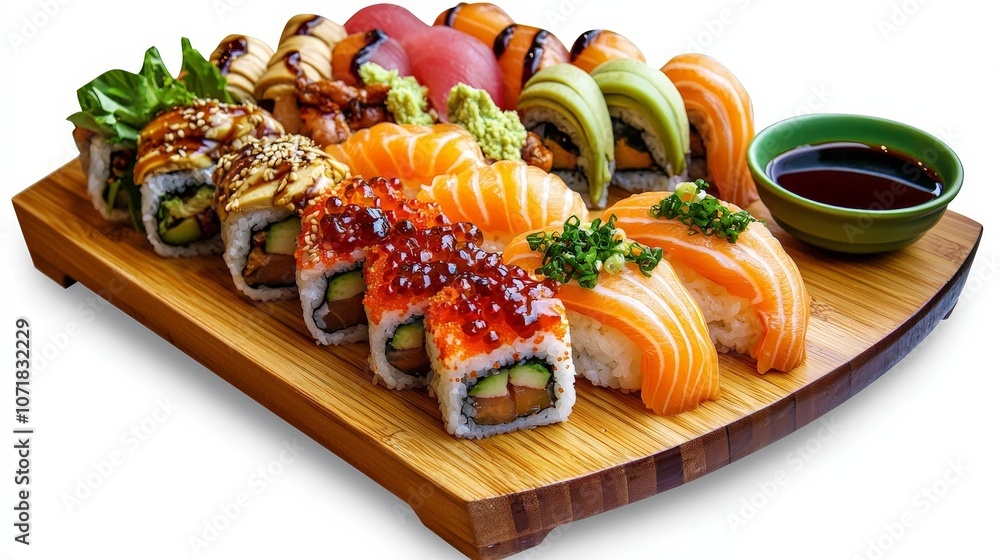 Stylish Top View of Various Sushi Rolls on a Platter Stylish Top View of Various Sushi Rolls on a Platter