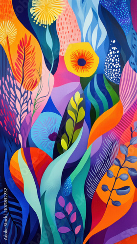 Colorful abstract patterns inspired by beach flora and fauna, featuring vibrant shapes and lively