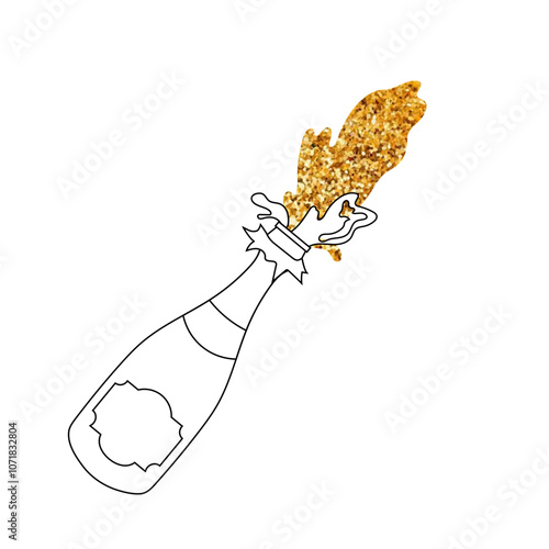 Linear icon of a champagne bottle. Splashes explosion of sparkling wine. Gold glitter. Doodle alcoholic beverage sign. For Happy Birthday, Christmas and New Year greetings.