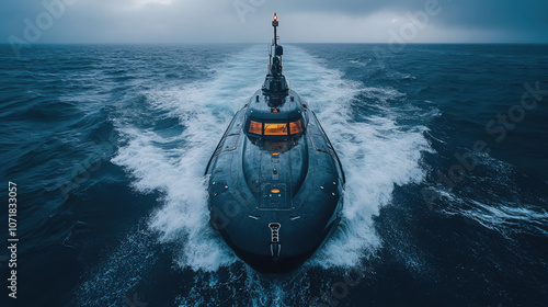 Sleek military vessel navigating through choppy ocean waters under cloudy sky photo