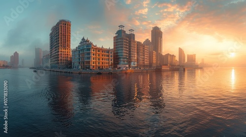 A panoramic view of a city skyline at sunrise with the sun rising over the buildings and reflecting off the water.