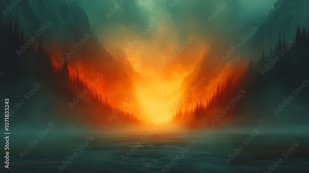 Fototapeta premium Fiery Sunrise in Misty Mountains