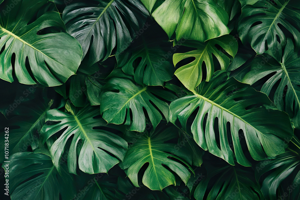 Front view: large green monstera leaves, floral background.