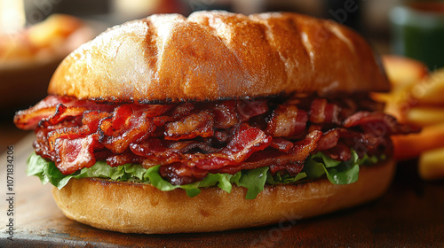 Mouthwatering bacon sandwich with fresh lettuce and crusty bread photo