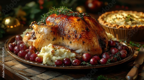 Roasted Turkey with Mashed Potatoes and Grapes