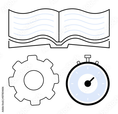Open book gear cog and stopwatch. Ideal for education, productivity, efficiency, learning, study, time management, organization Line metaphor