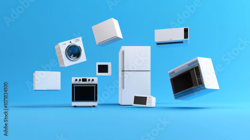 A group of home appliances, like a refrigerator, stove, microwave, oven hood, air conditioner, and washing machine, are floating in the air. This is a 3D image with a blue background.