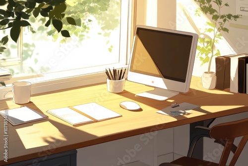 Modern Office Workspace with Computer and Desk - Workplace and Office Environment