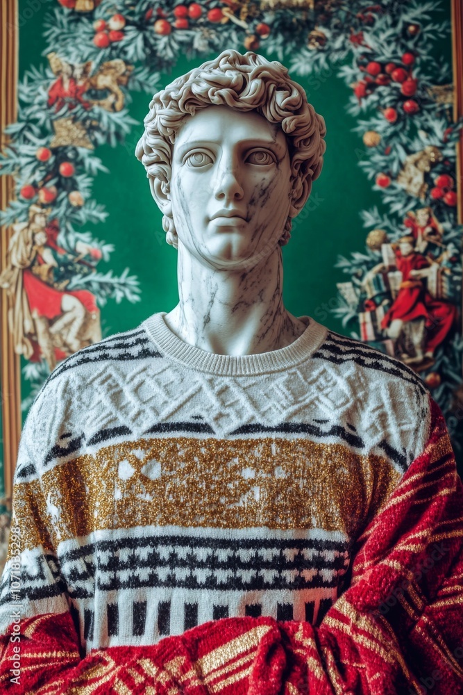Obraz premium Classical Stoic Marble Statue in Festive Santa Hat and Christmas Sweater on Gradient Holiday Background