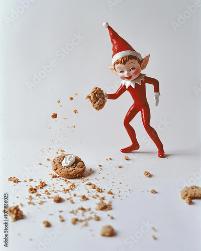 Cheeky elf figurine with cookie and crumbs, perfect for holiday sales and festive promos photo