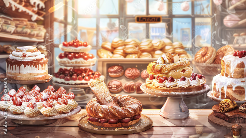 Delightful bakery display featuring various pastries, cakes, and desserts, showcasing warm and inviting atmosphere filled with sweet treats and vibrant colors Delightful bakery display featuring various pastries, cakes, and desserts, showcasing warm and inviting atmosphere filled with sweet treats and vibrant colors