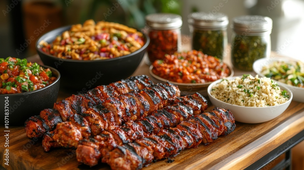 Obraz premium Grilled Meat Platter with Assorted Side Dishes
