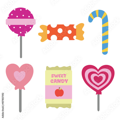 Cute sweet and candies element set with kawaii style. Suitable for flat design graphic illustration, clip art, stickers, posters, stickers, cards, etc