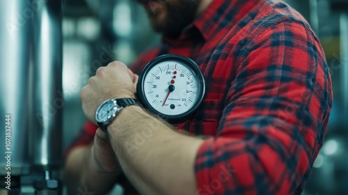 Male Industrial Worker Wearing Plaid Flannel Shirt Checking Factory Machine Gauge or Meter on the Job at a Manufacturing or Workshop Facility