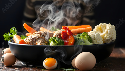 Farmer, chicken and poultry with man and eggs, farming with livestock and protein, nutrition and organic The steam from the vegetables carrot broccoli Cauliflower in a black bowl , a steaming. BoilT photo