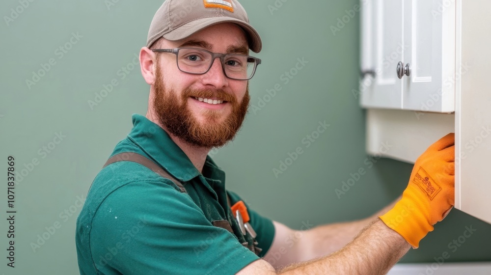 Smiling Handyman in Uniform Working on Home Repair and Maintenance Tasks Portrait of a Confident Professional Technician Performing Various DIY and Construction Services Smiling Handyman in Uniform Working on Home Repair and Maintenance Tasks Portrait of a Confident Professional Technician Performing Various DIY and Construction Services