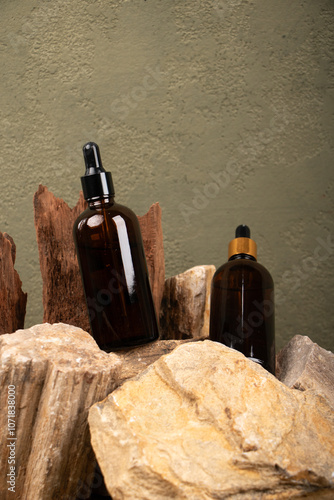 Amber and Frosted Glass Dropper Bottles on Natural Stone Display – Luxury Skincare Packaging Mockup photo