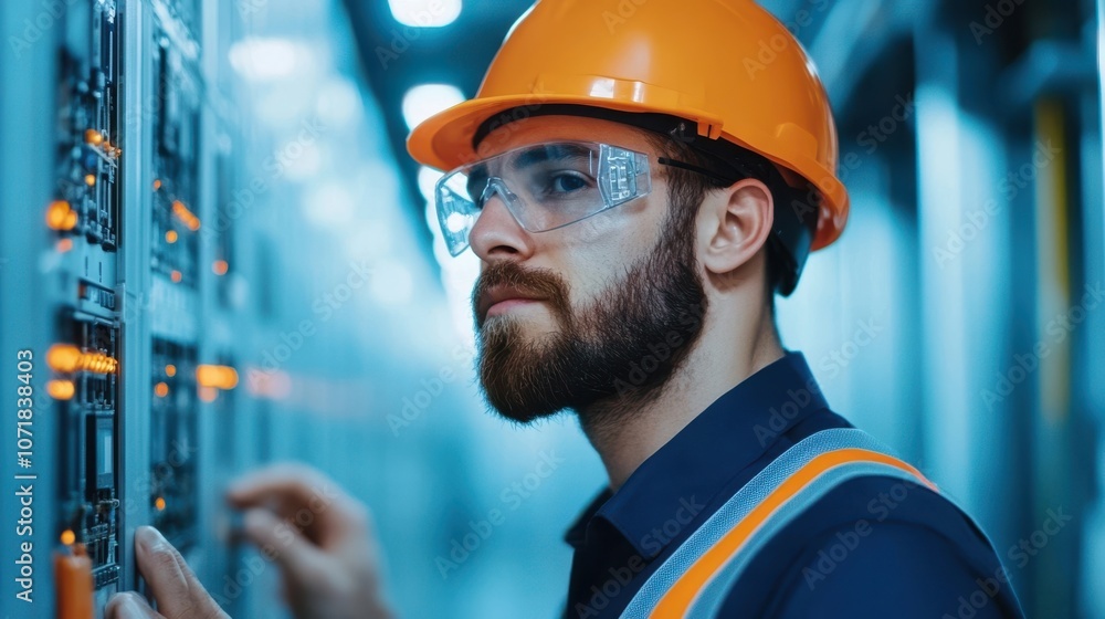 Construction worker wearing orange hard hat and blue uniform inspecting electrical equipment and controls on a building site during a construction or maintenance project Construction worker wearing orange hard hat and blue uniform inspecting electrical equipment and controls on a building site during a construction or maintenance project