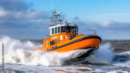 Rescue boat navigates turbulent waves near rocky shoreline in bright daylight