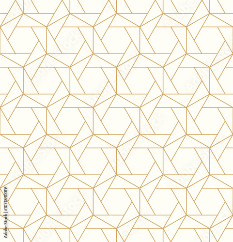 Seamless geometric pattern with gold hexagon grid line, modern contemporary interconnecting triangle repeats background vector.