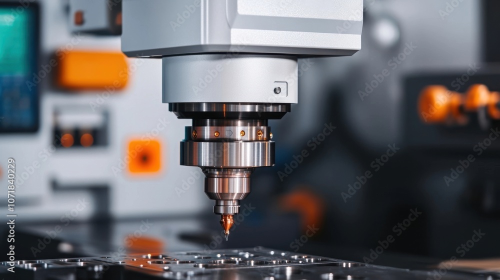 Close up view of precision industrial machine tool such as a computer numerical control CNC milling machine in a modern automated manufacturing or engineering workshop facility Close up view of precision industrial machine tool such as a computer numerical control CNC milling machine in a modern automated manufacturing or engineering workshop facility