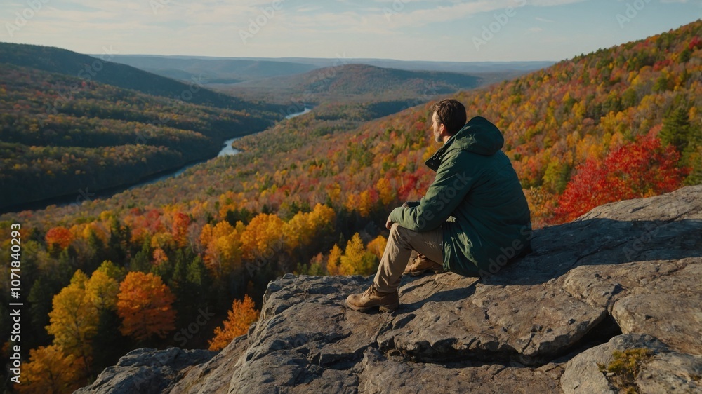 Fototapeta premium A person reflects on a cliff overlooking a picturesque valley filled with fall foliage in a tranquil, natural landscape
