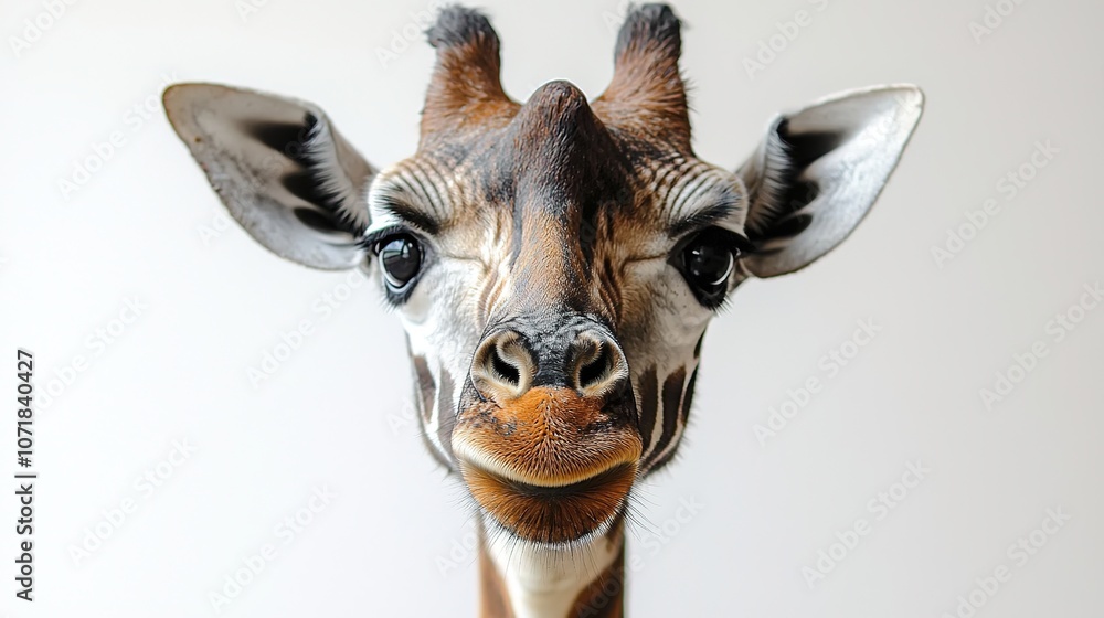 Fototapeta premium Close-Up of Isolated Giraffe Face on White Background, Capturing the Unique Features and Expressions of this Majestic Animal in High Quality