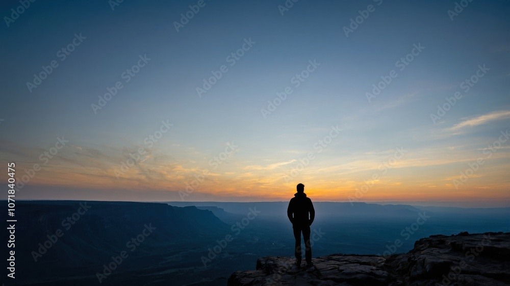 Fototapeta premium Silhouetted figure gazing over a vast canyon during sunset, capturing the serene beauty of nature's twilight colors