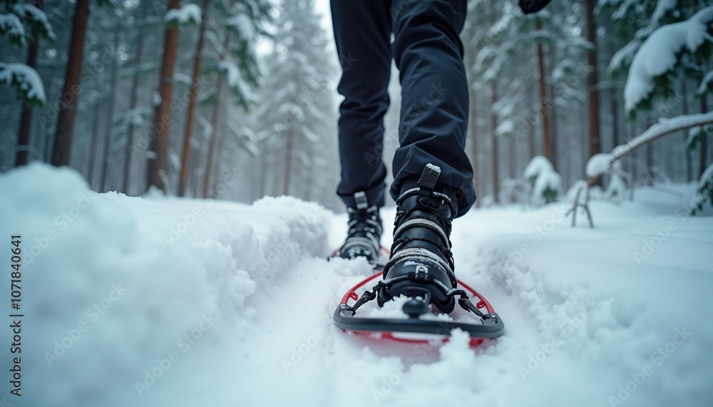 Close-up of person snowshoeing through deep snow in the forest, a walk in the winter forest, winter sport
Close-up of person snowshoeing through deep snow in the forest, a walk in the winter forest, winter sport