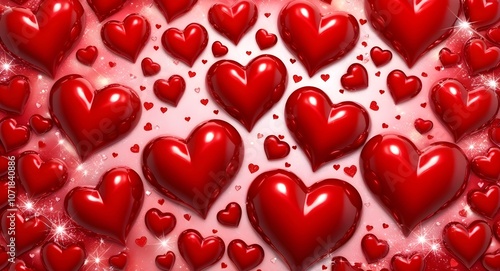 Romantic Valentine's Day Background with Glossy Red Hearts and Sparkling Highlights.
