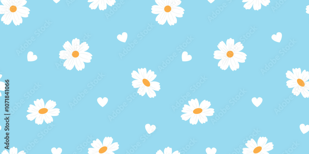 Obraz premium Delicate seamless pattern with daisies and hearts. Suitable for fabric, packaging, greeting cards, posters. Vector illustration