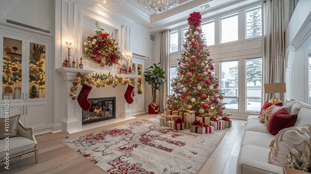 A large room with a Christmas tree in the center. The room is decorated with lights and presents A large room with a Christmas tree in the center. The room is decorated with lights and presents