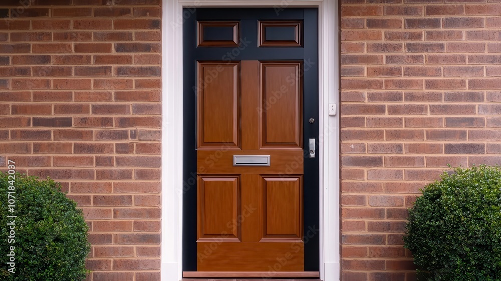 Charming Brick House Exterior with Wooden Front Door and Lush Landscaped Garden Surrounding the Entrance Charming Brick House Exterior with Wooden Front Door and Lush Landscaped Garden Surrounding the Entrance