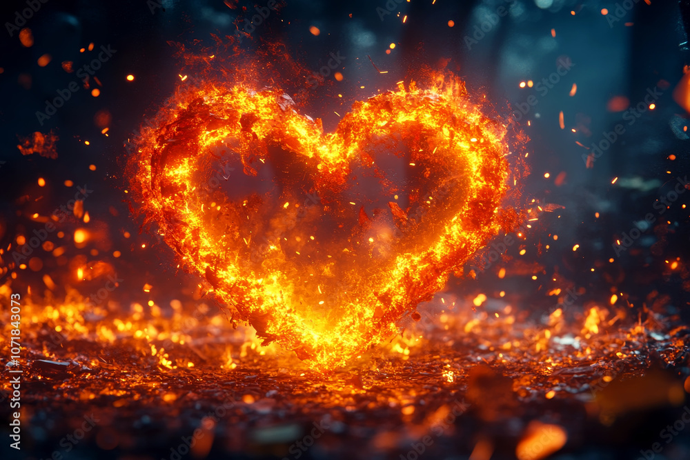 Fototapeta premium Fiery Heart Shape in Dramatic Flames with Sparks
