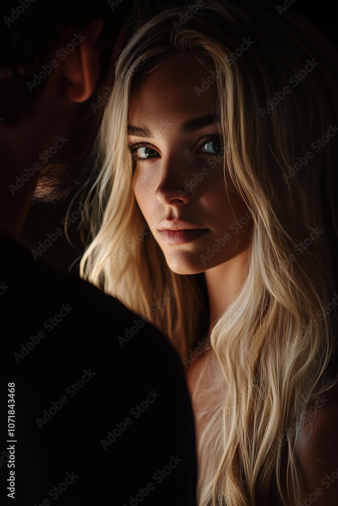beautiful blonde woman with long hair is in the foreground of a portrait, illuminated by soft light from behind her head, looking at someone off-camera. The man's face is obscured and out of focus beautiful blonde woman with long hair is in the foreground of a portrait, illuminated by soft light from behind her head, looking at someone off-camera. The man's face is obscured and out of focus
