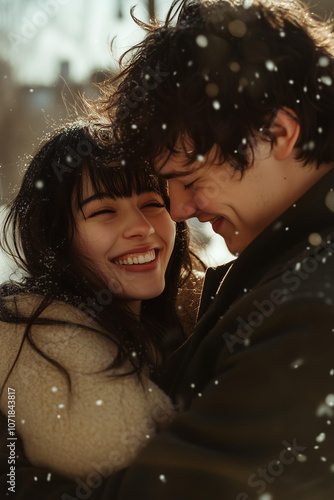 close-up of two people embracing, the woman with long dark hair and bangs, hugging her boyfriend from behind, both smiling joyfully in an embrace. 