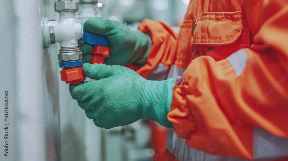 Male Worker in Orange Uniform Repairing Industrial Valve Using Wrench on Pipe at Construction Site or Factory Male Worker in Orange Uniform Repairing Industrial Valve Using Wrench on Pipe at Construction Site or Factory